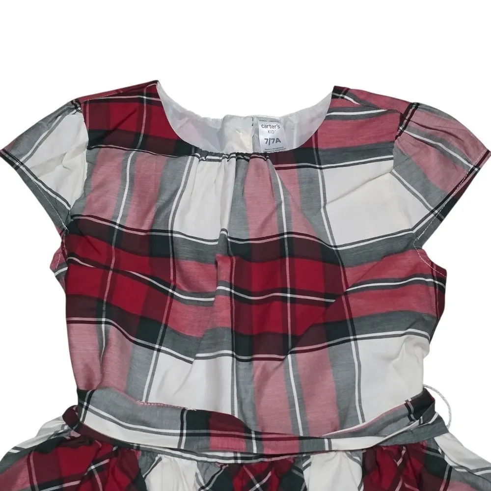 Carters Plaid Red and White Kids Christmas Dress 7/7A